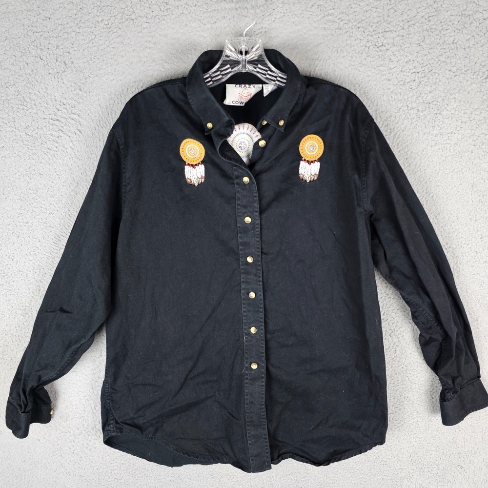 Crazy Cowgirl Western Shirt Womens XL‎ Black Embroidered Long Sleeve Button VTG